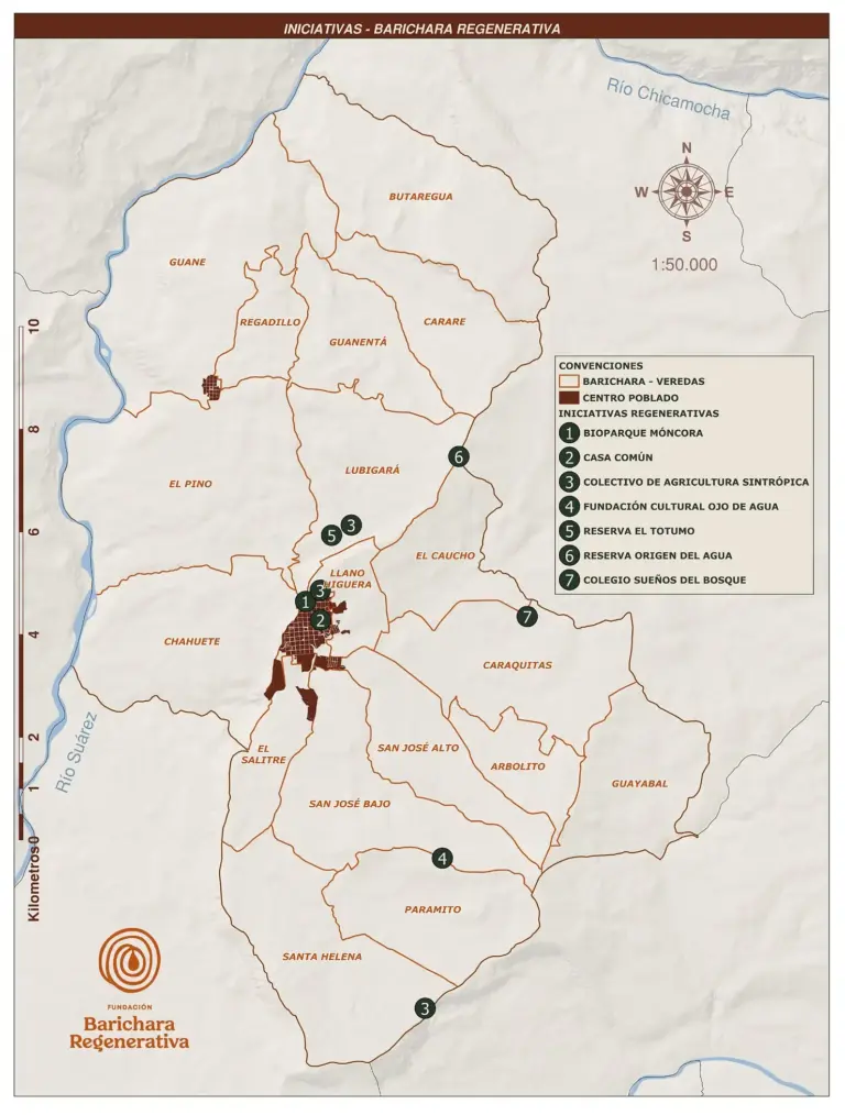 Mapa de Barichara, Santander, mostrando iniciativas regenerativas y centros poblados. "Barichara Regenerativa