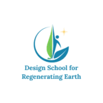 Logo de la "Design School for Regenerating Earth": círculo azul, figura humana entre hojas y una estrella dorada.